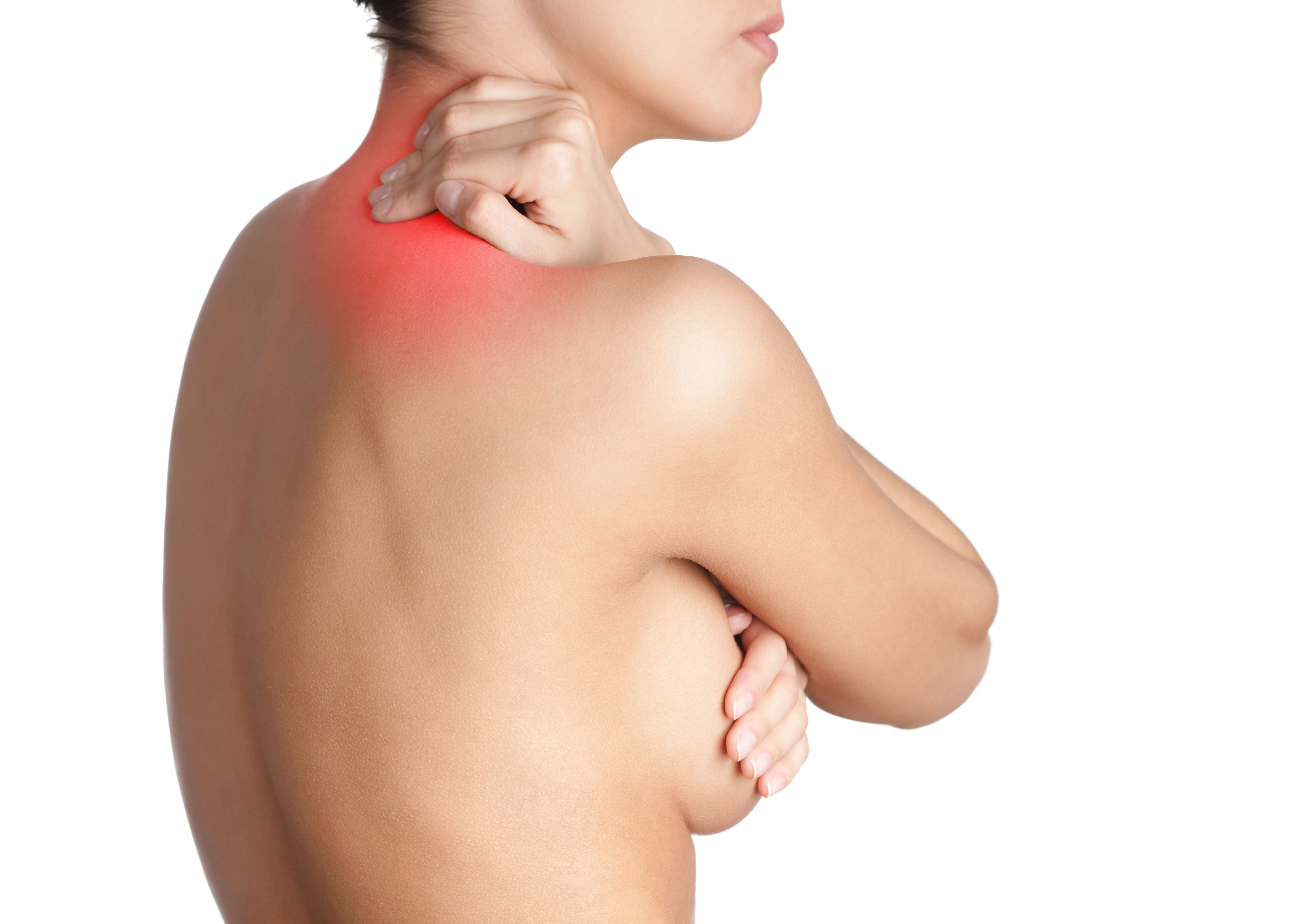 Woman covering breast and holding neck, accentuated in red to illustrate pain